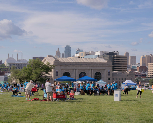 field with people and city in the background